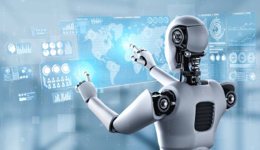 Sanal ekrana dokunan yapay zeka robotu küresel iletişim kavramını gösteriyor