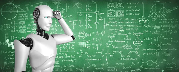 Thinking AI humanoid robot analyzing screen of mathematics formula and science