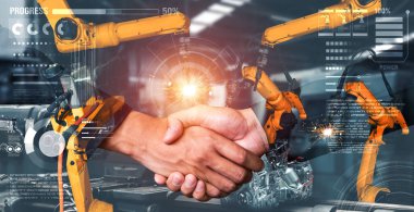Mekanize endüstri robot kolu ve iş tokalaşması.