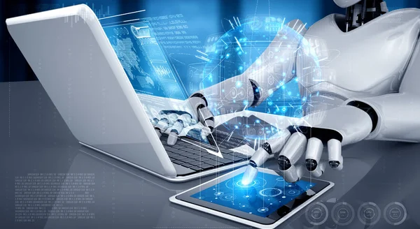 Robot humanoïde gebruik laptop en zitten aan tafel voor big data analytische — Stockfoto