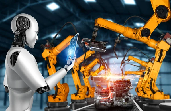 Mekanize endüstri robotu ve robot silahları fabrika üretiminde kullanılacak. . — Stok fotoğraf