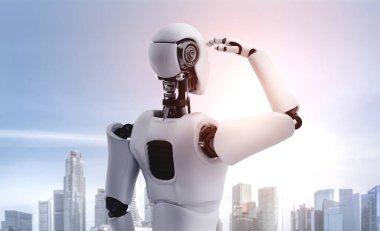 3D illüstrasyon robotu insansı şehir siluetine karşı dört gözle bekliyor