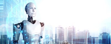 3D illüstrasyon robotu insansı şehir siluetine karşı dört gözle bekliyor