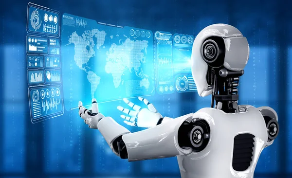 Al humanoid robot trzyma wirtualny hologram ekran pokazujący koncepcję dużych danych — Zdjęcie stockowe