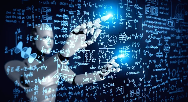AI humanoid robot touch screen of mathematics formula and science equation