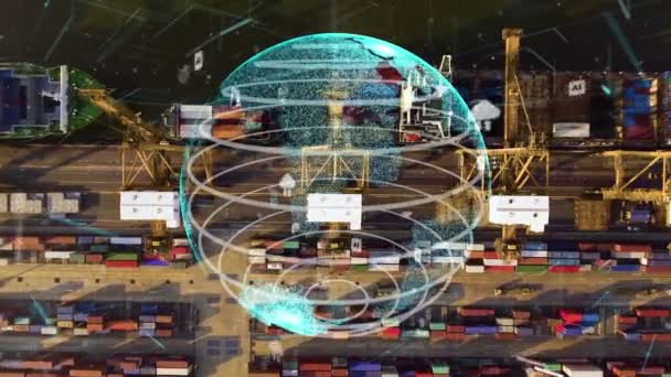 Ναυτιλία λιμάνι εναέρια άποψη με γραφικά του εκσυγχρονισμού της τεχνολογίας του δικτύου — Αρχείο Βίντεο