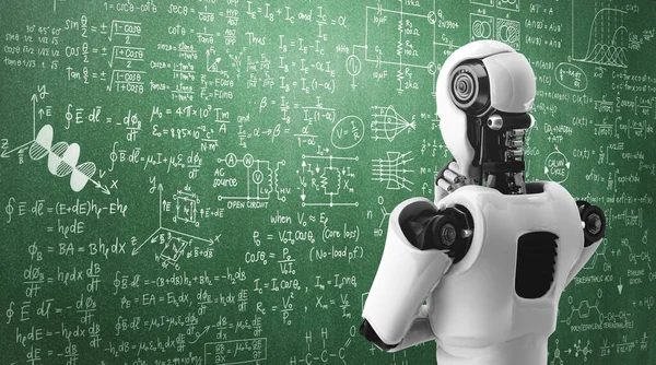 Pensando AI humanoide robot analizar la pantalla de la matemática fórmula y la ciencia — Foto de Stock