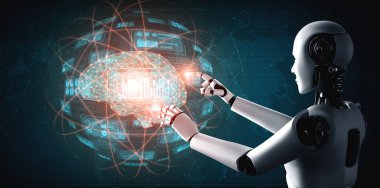 Yapay zeka robotu büyük veri kavramını gösteren sanal hologram ekranına dokunuyor