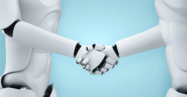 3D-рендеринг гуманоїдний робот рукостискання для співпраці майбутніх технологій — стокове фото
