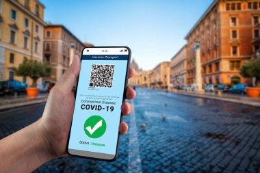 Gezgin COVID 19 aşı durumunu göstermek için aşı pasaport sertifikasına sahip.