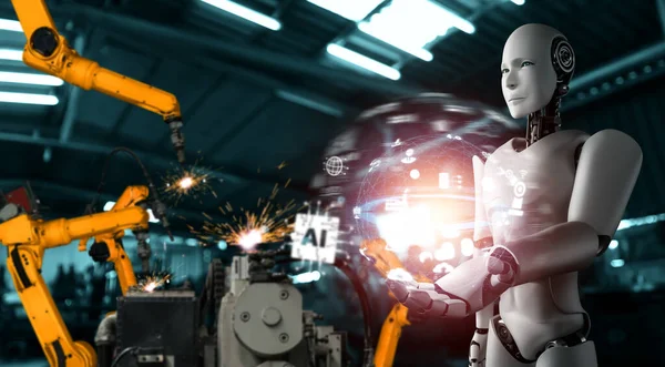 Robot industrial mecanizado y brazos robóticos para montaje en producción en fábrica . — Foto de Stock