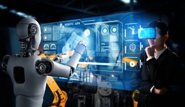 Mekanize endüstri robotu ve insan işçileri gelecekteki fabrikada birlikte çalışıyorlar.