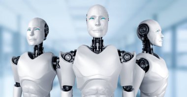Ekip insansı yapay zeka robotu takım çalışması ve işbirliği kavramını gösteriyor