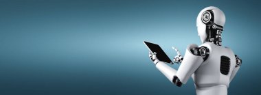 Gelecekteki ofiste tablet bilgisayar kullanan robot insanımsı