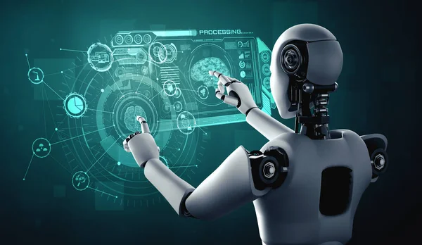 Robot humanoide AI tocando la pantalla del holograma virtual mostrando el concepto de cerebro AI —  Fotos de Stock