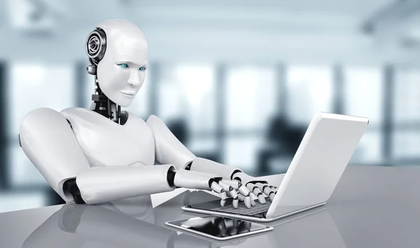 Robô humanóide usar laptop e sentar-se à mesa no futuro escritório — Fotografia de Stock