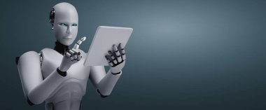 Gelecekteki ofiste tablet bilgisayar kullanan robot insanımsı