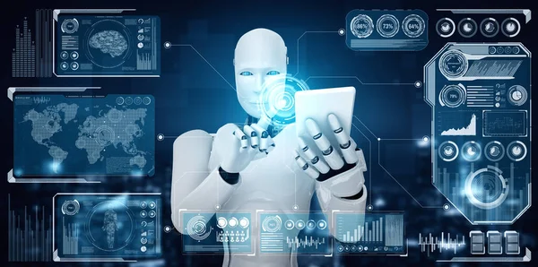 Robot humanoid use mobile phone or tablet for big data analytic — Stock Photo, Image