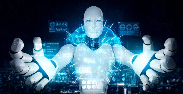 Robot humanoide AI con pantalla de holograma virtual que muestra el concepto de big data — Foto de Stock