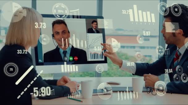 Kreatív vizuális kép az üzletemberekről egy vállalati személyzeti értekezleten videohíváson — Stock videók
