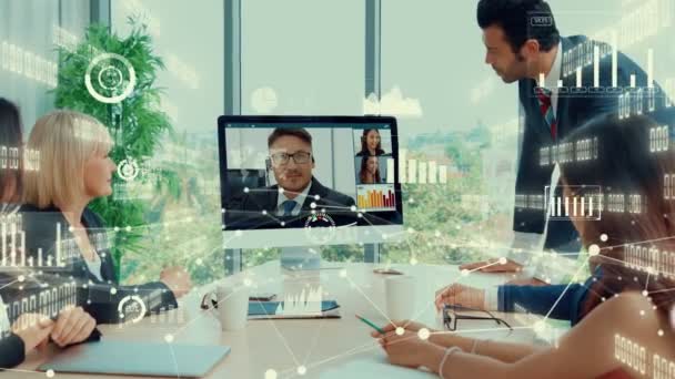 ビデオ通話で会社のスタッフ会議でビジネスの人々の創造的なビジュアル — ストック動画