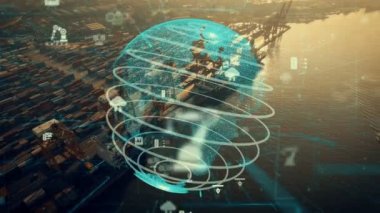 Ağ teknolojisinin modernizasyonu grafikli liman hava görüntüsü