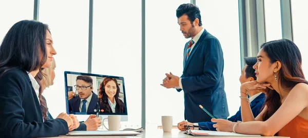 Video call group business people meeting on virtual workplace or remote office