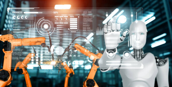 Mechanized industry robot and robotic arms for assembly in factory production .