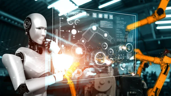 Mechanisierte Industrieroboter und Roboterarme für die Montage in der Fabrikproduktion . — Stockfoto