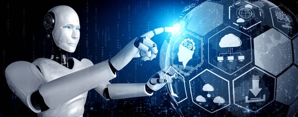 AI humanóide robô tocando tela holográfica mostra conceito de comunicação global — Fotografia de Stock