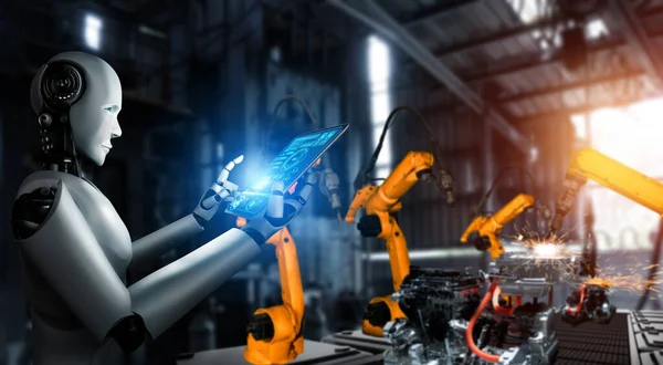 공장 생산을 위한 기계화 된 산업용 로봇 과 로봇 팔 . — 스톡 사진