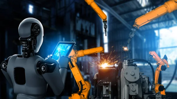 Robot industrial mecanizado y brazos robóticos para montaje en producción en fábrica . —  Fotos de Stock