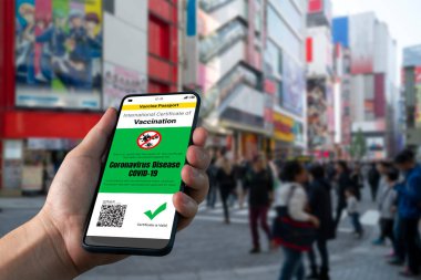 Gezgin COVID 19 aşı durumunu göstermek için aşı pasaport sertifikasına sahip.