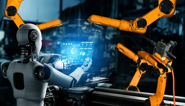 Mechanized industry robot and robotic arms for assembly in factory production .