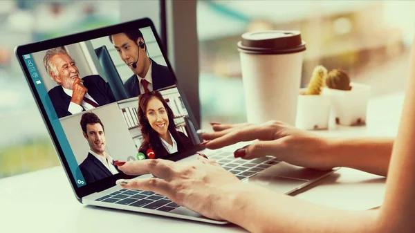 Video call business people meeting on virtual workplace or remote office — Stock Photo, Image