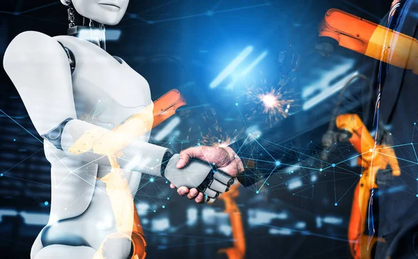 Robot industrial mecanizado y trabajador humano trabajando juntos en la futura fábrica —  Fotos de Stock