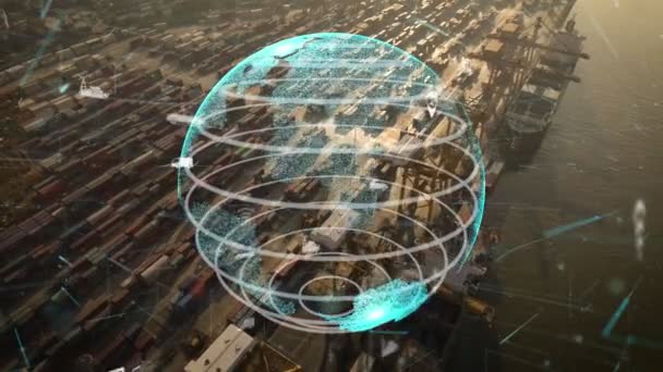 Судноплавна гавань повітряний вид з графікою модернізації мережевих технологій — стокове відео
