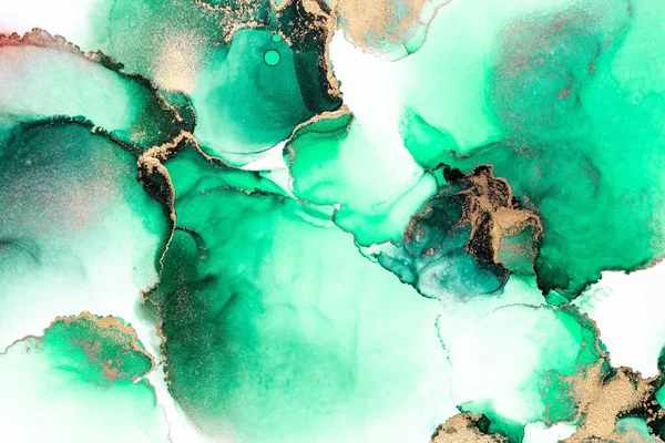 녹색 금, 종이에 그림을 그린 대리석 액체 잉크의 추상적 배경 . — 스톡 사진