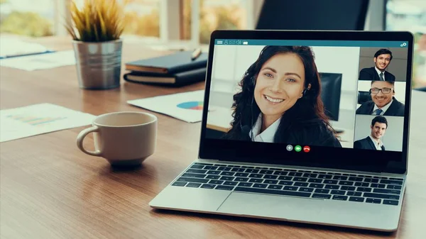 Video call business people meeting on virtual workplace or remote office — Stock Photo, Image