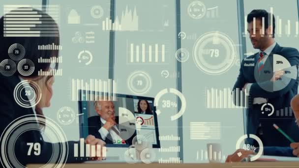 Kreatif visual dari orang-orang bisnis dalam sebuah pertemuan staf perusahaan pada panggilan video — Stok Video