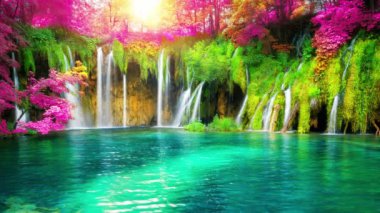 Plitvice Gölleri Hırvatistan 'daki şelale manzarasının kusursuz döngü sineması videosu