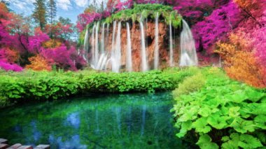 Plitvice Gölleri Hırvatistan 'daki şelale manzarasının kusursuz döngü sineması videosu