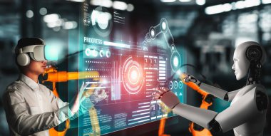 Mekanize endüstri robotu ve insan işçileri gelecekteki fabrikada birlikte çalışıyorlar.