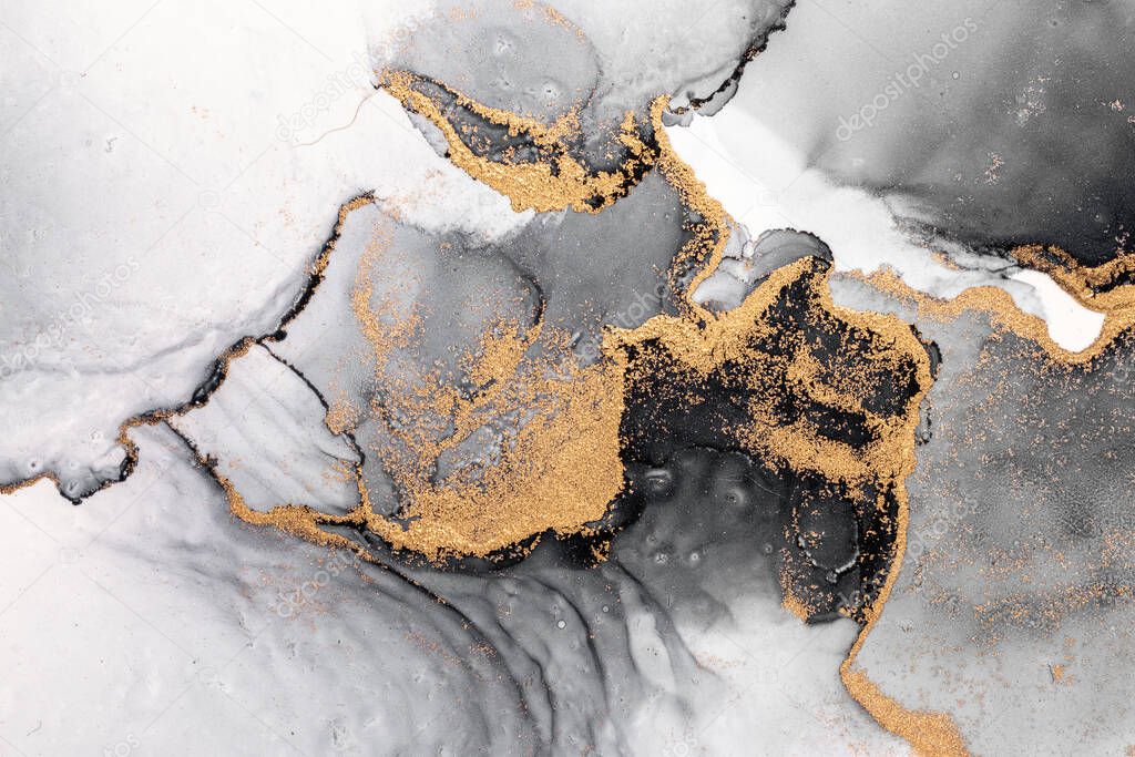 Black gold abstract background of marble liquid ink art painting on paper .