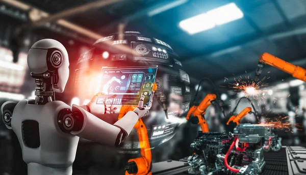 Robot industrial mecanizado y brazos robóticos para montaje en producción en fábrica . — Foto de Stock