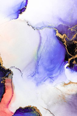 Kağıt üzerinde mermer sıvı mürekkep resminin mor altın soyut arkaplanı .