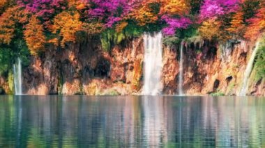 Plitvice Gölleri Hırvatistan 'daki şelalenin video klibi, fantezi yeşillik rengi