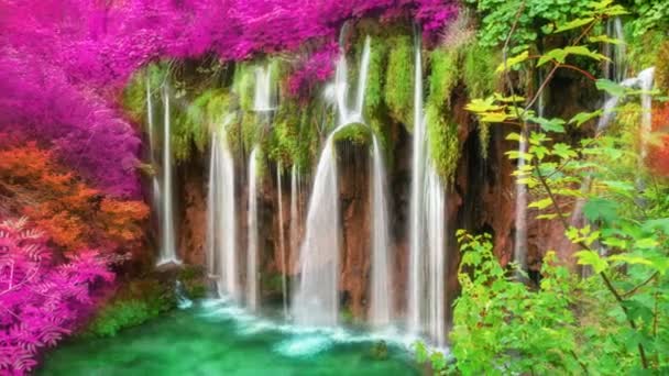 克罗地亚普里切维湖瀑布的摄影录像，奇幻叶色 — 图库视频影像