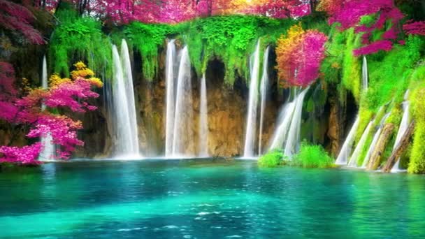 Cinemagraph video of waterfall in Plitvice Lakes Croatia, fantasy foliage color — Stock Video