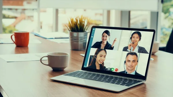 Video call business people meeting on virtual workplace or remote office — Stock Photo, Image